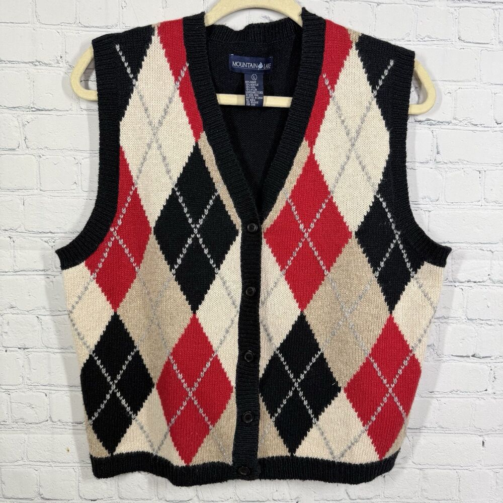 Mountain Lake Vest Women Large Black Red Beige Geometric Dark Academia Sweater